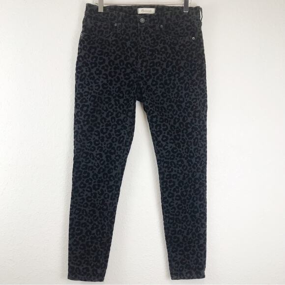 Madewell Flocked Leopard Print 9" Mid-Rise Skinny Black Jeans Winter Fall 29 - Picture 1 of 14